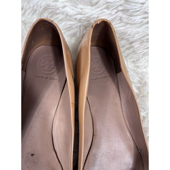Tory Burch Raleigh Leather Ballet Flats Gold Logo Womens Size 9.5M Beige - Picture 8 of 13